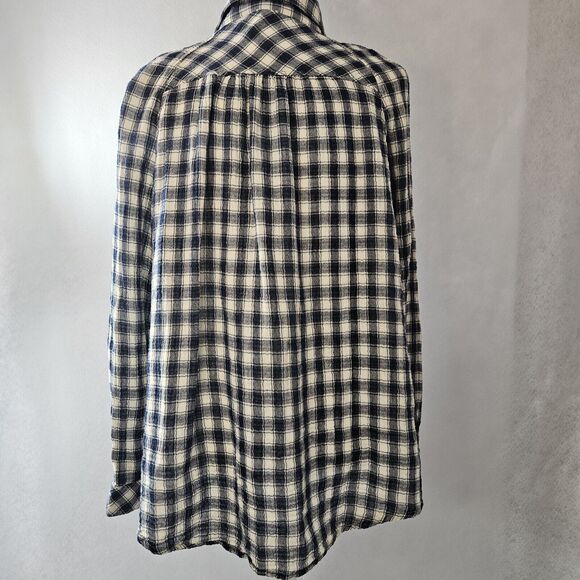 EDEN MUNA Sz L Navy Blue & Cream Plaid Gauze Boutique Button Up Lined - Picture 2 of 6